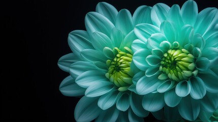 Beautiful turquoise chrysanthemum with green center on black background showcasing floral beauty and natural elegance