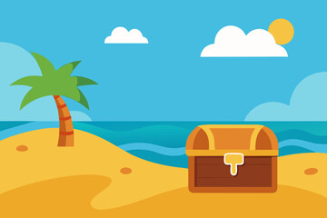 Obraz premium Pirate beach with a treasure chest simple vector illustration