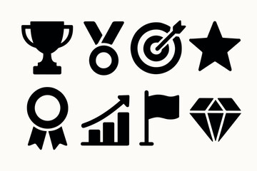 Achievement icons collection: trophies, medals, targets, and more in bold silhouette
