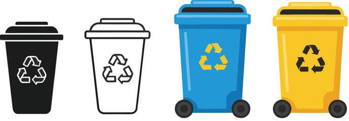 Recycling Bin Icon Set with Colored Trash Containers for Waste Sorting Eco Concept Flat Vector Illustration