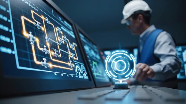 Male technician with a hard hat operating a futuristic console in a control room, monitoring oil extraction yields and stock market charts for energy prices on multiple advanced digital screens