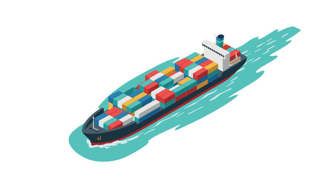 Isometric cargo ship with colorful containers on ocean