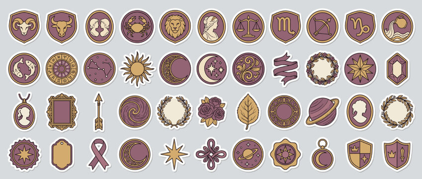 Zodiac and astrology icon set. including aries, taurus, gemini, cancer, leo, virgo, libra, scorpio, sagittarius, capricorn, aquarius, pisces,. Vector collection