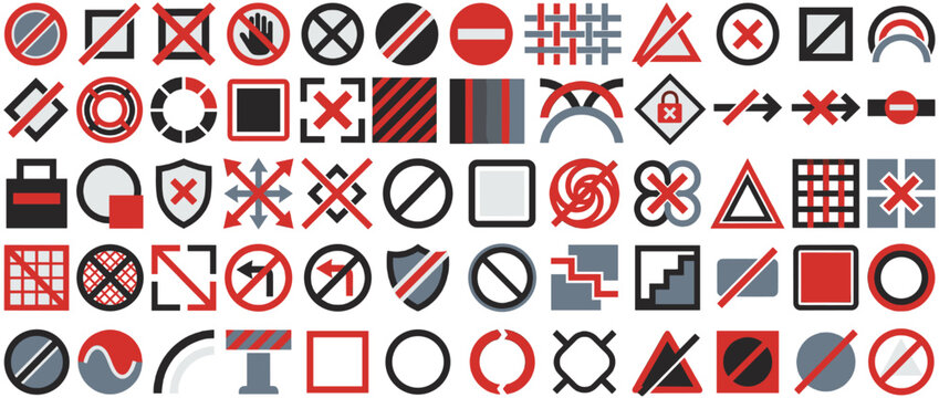 Prohibition and restriction icon set. containing ban, no entry, block, do not, forbidden, stop, warning, caution, alert, error, halt, prevent, deny, cross, and more. Vector collection