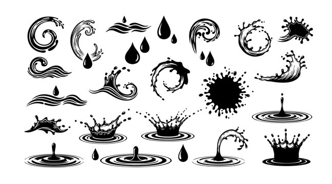 A dynamic collection of monochromatic liquid silhouettes featuring stylized droplets, swirling waves, circular ripples, and explosive splashes scattered across a clean white background
