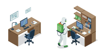 Isometric office disinfection: worker sanitizing workstation in protective gear