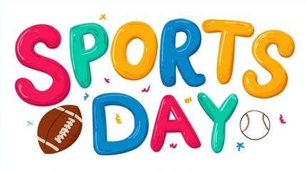 Colorful stylized sports day text with american football and baseball representing active fun on white background