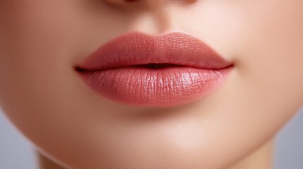 Fototapeta premium Close-Up of Beautiful Lips with Soft Pink Lipstick, Smooth Skin Texture, and Natural Makeup for Beauty and Cosmetic Themes