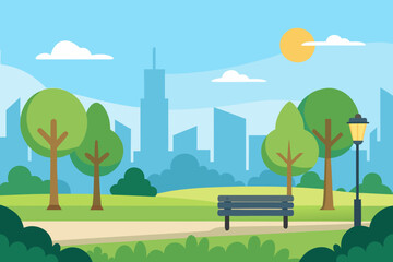 City park illuminated by morning light simple vector illustration