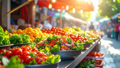 Realistic Street Food Stall Selling Fresh Salads in Vibrant Urban Market