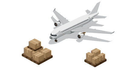 Isometric airplane and cargo boxes on pallets for shipping and logistics