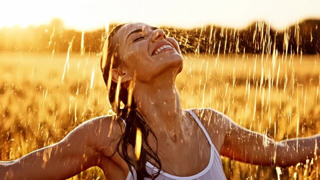 Happy young woman enjoying a refreshing summer rain shower in a golden wheat field at sunset or sunrise with warm light