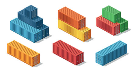 Colorful isometric shipping containers on white background