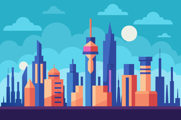 Futuristic city skyline cartoon background simple vector illustration