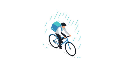 Isometric bicycle delivery during rainy weather with urban cyclist carrying backpack