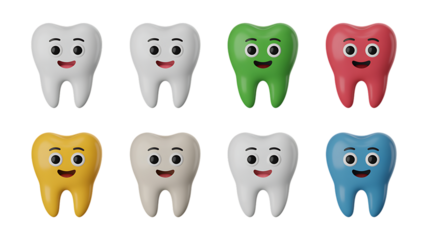 Colorful, cute tooth characters smiling joyfully, perfect for dental health campaigns, children's dentistry promotions, and educational materials that make oral care fun and engaging