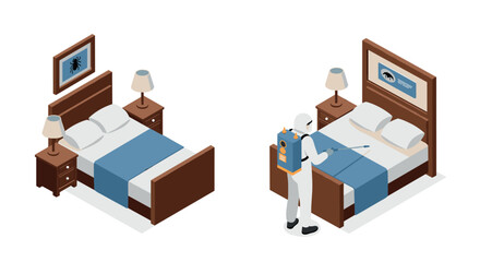 Isometric pest control in bedroom scene with bed and exterminator