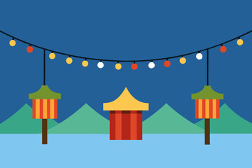 Christmas market scene with festive lights simple vector illustration