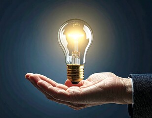 Hand holding a glowing light bulb symbolizing innovation and creative ideas in a dark background