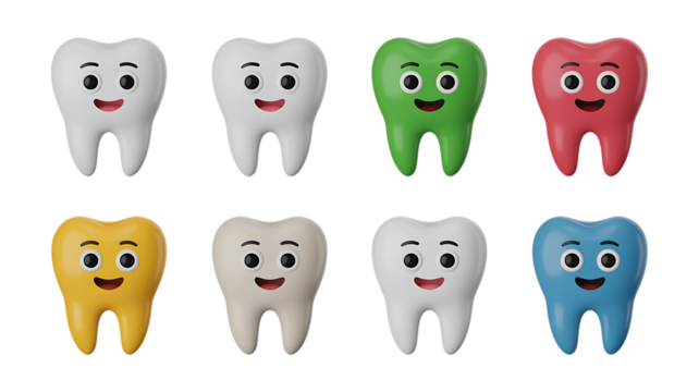 Colorful, cute tooth characters smiling joyfully, perfect for dental health campaigns, children's dentistry promotions, and educational materials that make oral care fun and engaging