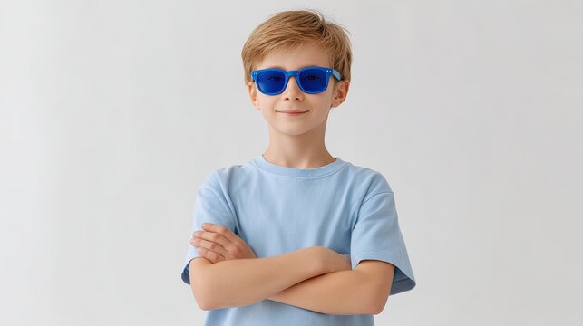 Confident young boy wearing blue sunglasses with arms crossed against a neutral background showcasing a playful and cool personality
