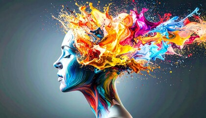 Colorful paint splashes form a creative crown on a woman's head in a vibrant artistic display showcasing creativity