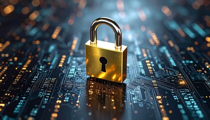 Secure digital padlock standing on a circuit board background with glowing connections