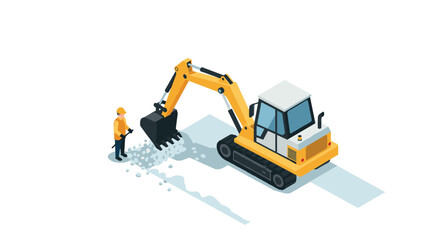 Isometric construction scene with excavator and worker on white background