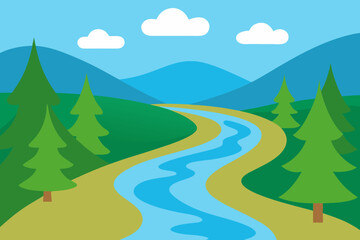 River flowing through a forest simple vector illustration