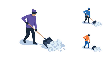Obraz premium Isometric winter scene with people shoveling snow in colorful outfits