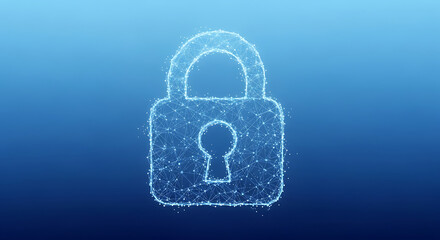 Futuristic digital security padlock made of connected dots and lines on blue background protecting data and network privacy.
