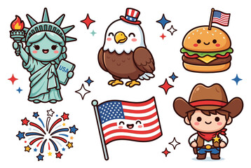 Naklejka premium American celebration icons set. including statue of liberty, eagle, burger, cowboy, flag, fireworks. Vector collection