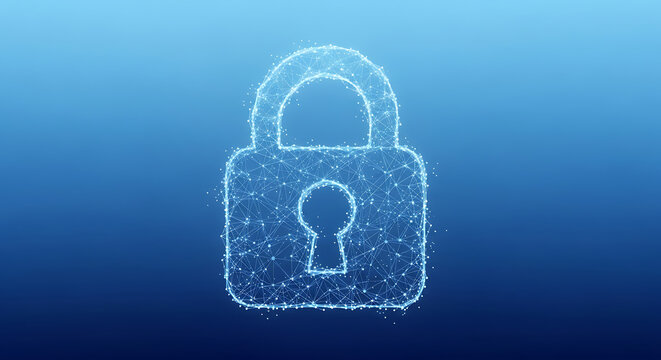 Futuristic digital security padlock made of connected dots and lines on blue background protecting data and network privacy.