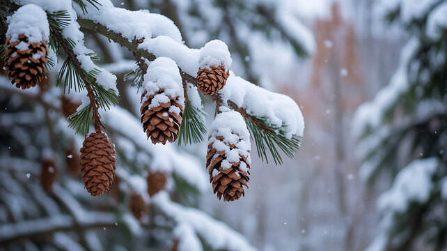 Snow-dusted pinecones hanging from a snow-covered evergreen branch in a quiet winter forest a beautiful cold nature scene with copy space - Powered by Adobe