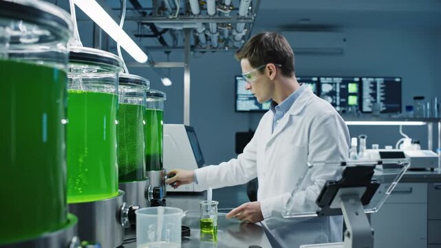 Focused biologist using a micropipette to analyze a green liquid sample from a photobioreactor while researching alternative and sustainable energy sources like biofuel from microalgae