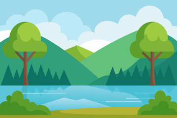 Calm lakeside scene with trees cartoon background simple vector illustration