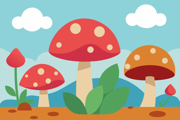 Fairy garden scene with giant mushrooms simple vector illustration