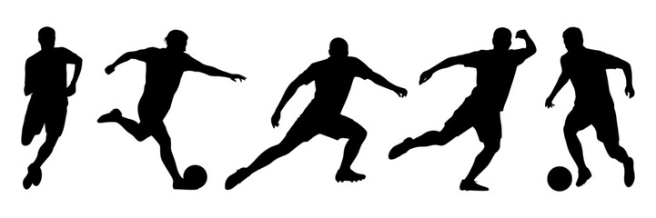 Obraz premium Collection of five distinct soccer player silhouettes engaged in various dynamic actions on a white background, representing sport and movement.