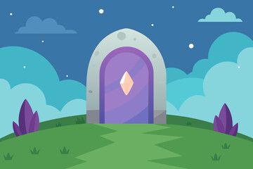 Mystic portal standing in a meadow simple vector illustration