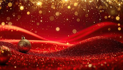 Elegant Red Velvet Fabric with Golden Bokeh Lights and Christmas Ornament.