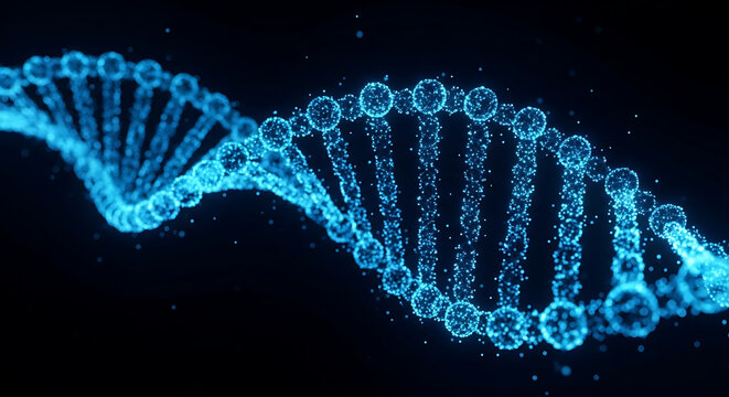 Abstract glowing DNA double helix structure composed of blue particles representing biotechnology and genetic sequencing.