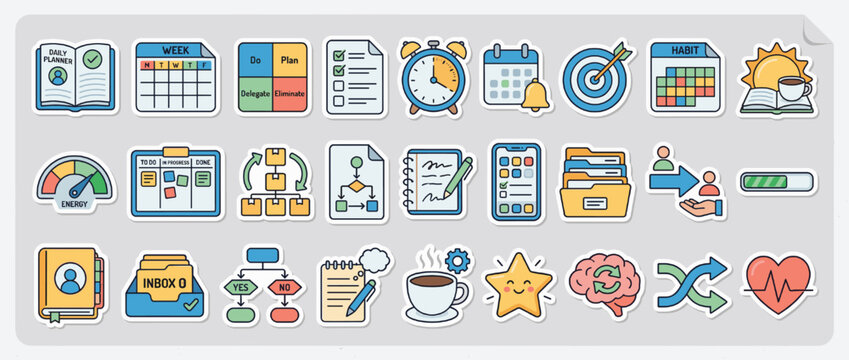 Productivity and planning icons set. including planner, calendar, checklist, clock, graph, habit, folder, teamwork, goal. Vector collection