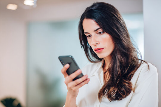 Young woman using phone for two factor authentication in modern office setting, focused expression, secure technology, digital security, business environment