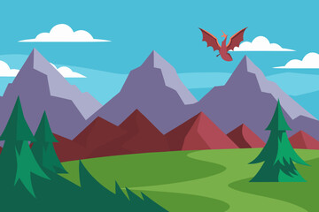 Fantasy dragon valley with mountains in distance simple vector illustration