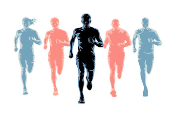 Group of five runners in silhouette, blue and coral alternating with a central black figure, dynamic action shot on white background.