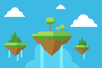 Floating islands with cascading waterfalls simple vector illustration