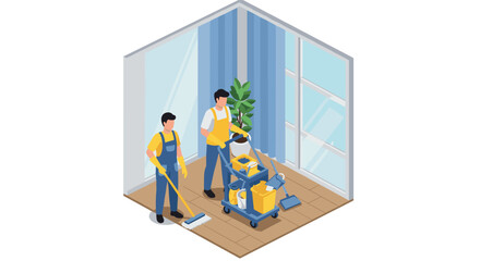 Isometric cleaning service team working in modern office interior