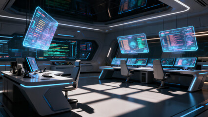 Futuristic control room with holographic data screens and high tech workstations
