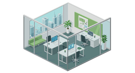 Fototapeta premium Modern isometric office design with glass walls and city view