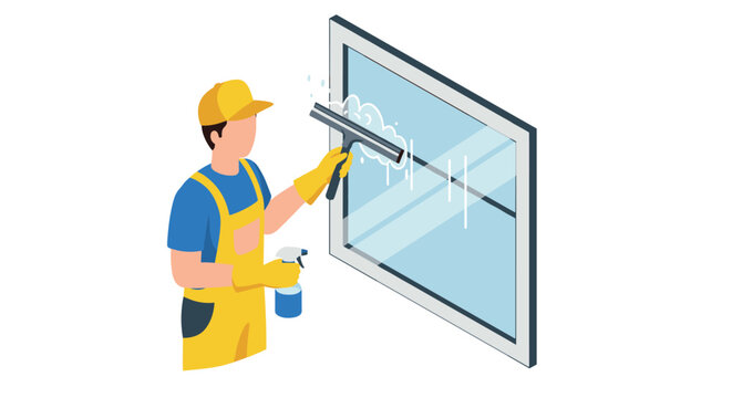 Isometric window cleaner: worker in uniform cleaning glass with squeegee and spray bottle